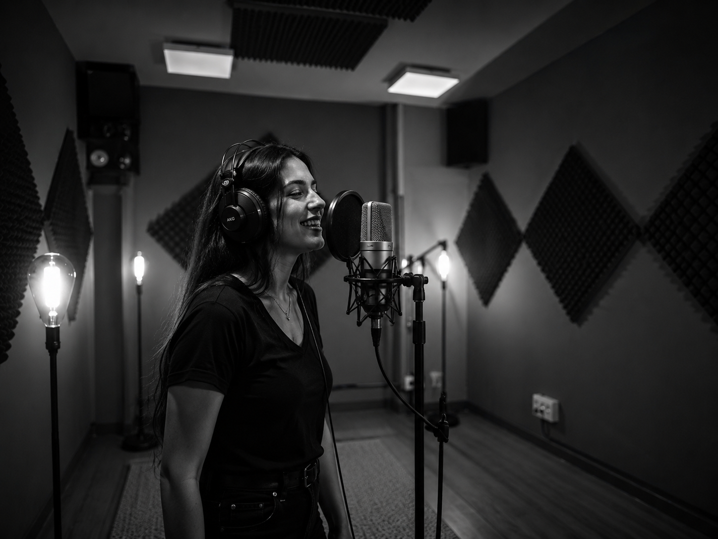 Cantante grabando voz con auriculares AKG y filtro antipop en 24/7 REC, Gipuzkoa